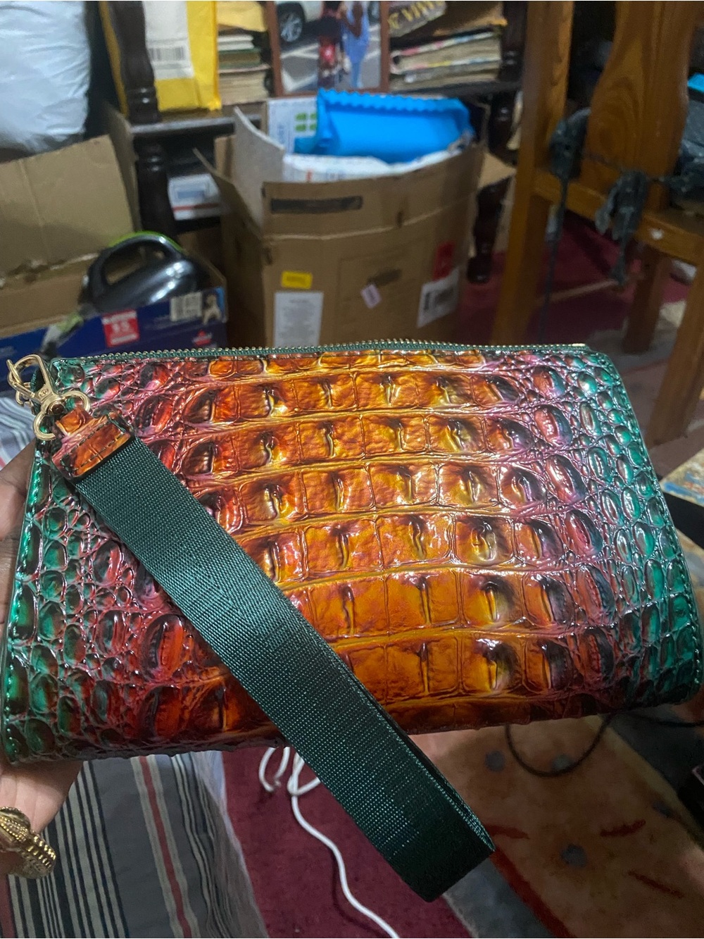 Iridescent Croc-Embossed Wristlet Clutch in Orange & Green